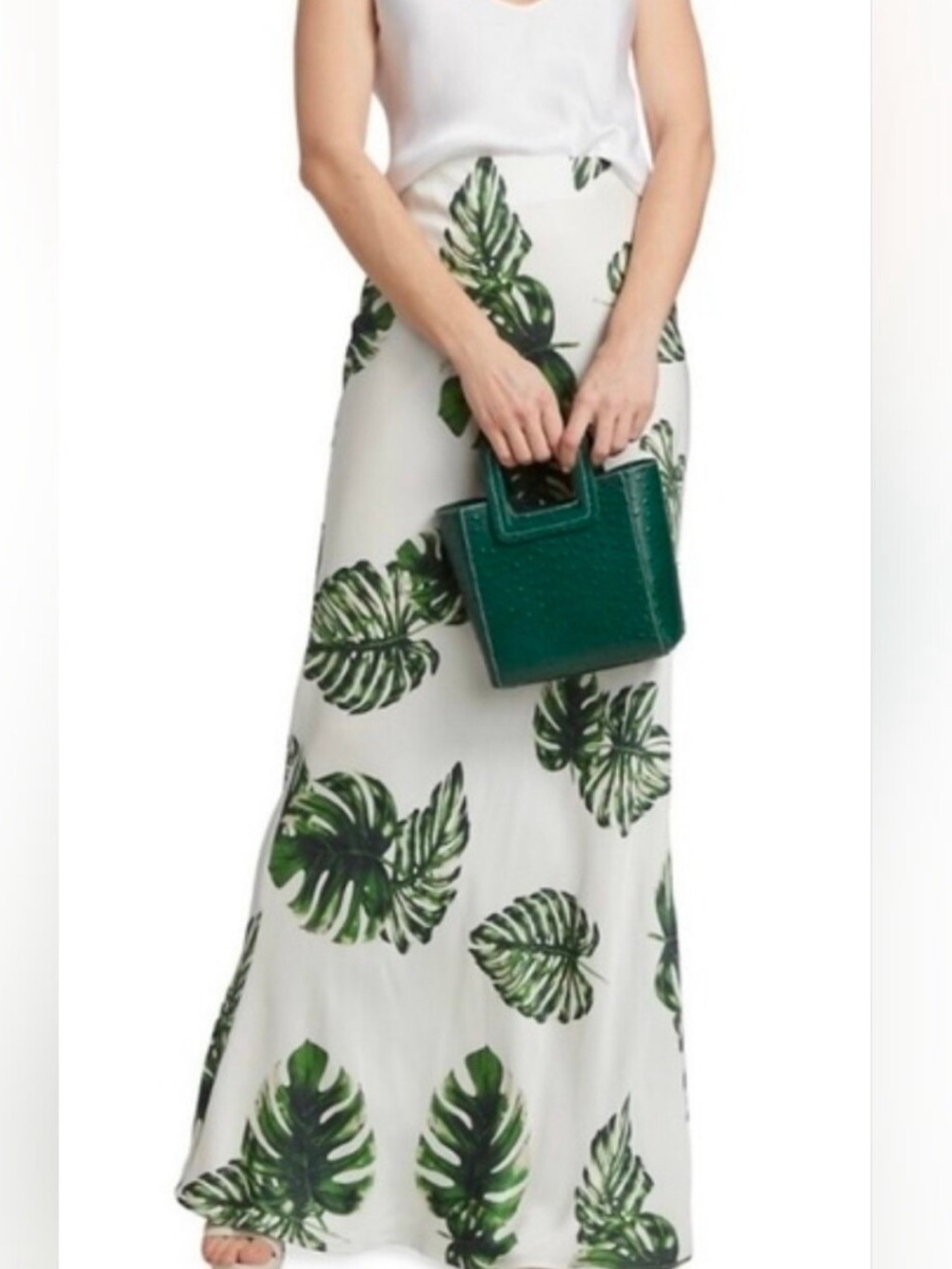 L'AGENCE White Maxi Skirt with Green Tropical Leaf Print